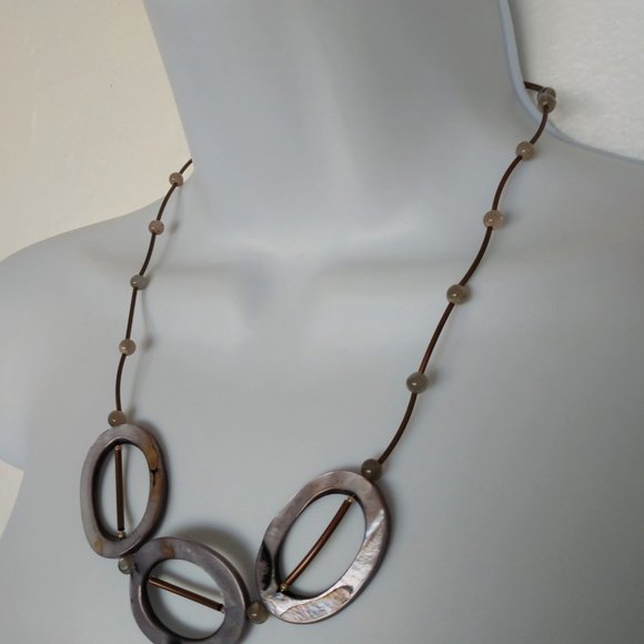 Handmade Gray And Brown Statement Necklace With Shells Agate Copper Plated Tubes - Picture 12 of 16